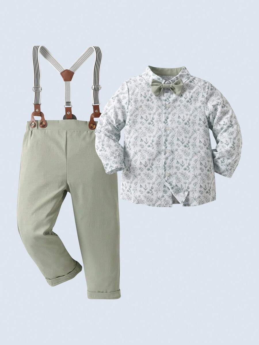 BOARNSEORL 2pcs Young Boys Gentleman Outfit, Long Sleeve Printed Shirt With Bow Tie And Green Suspender Pants, Fashionable & Elegant For Birthday, Anniversary, Party, Daily Wear - Green - View 1