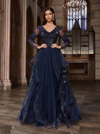 QOQ Chic Elegant Enfärgad Applikationer Paljetter Patchwork V-ringad Långärmad Klänning