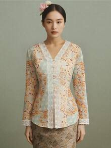 Kebaya Nyonya Klasik,Malaysian Shirt Tops For Women Polkadot Blouse,Yellow Top - Yellow - View 3