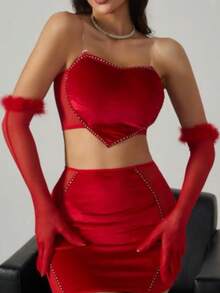 Women's Red Erotic Short Skirt Set Heart Pattern Tank Top - 紅色 - 查看 3