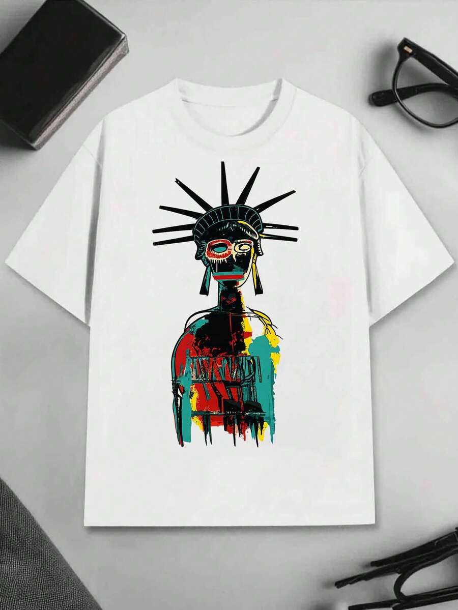 Men's Jean-Michel Basquiat Inspired Statue Of Liberty T-Shirt - Abstract Art Print With Iconic Black & Teal Basquiat Signature, White Cotton Shirt For Casual Summer Wear, Round Neck Short Sleeve, Durable & Machine Washable (Basquiat Style - White - View 1