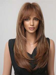 22 Inch Long Straight Platinum Brown Golden Synthetic Wig, Natural Appearance, Heat Resistant Fiber, Suitable For Women's Daily Wear, Parties And Fashion Styling - 彩色 - 查看 3