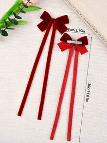 2pcs Women's Hair Accessories Velvet Long Ribbon Bow Barrette Cute Girl Versatile Side Clip Double Ponytail Hair Clips Elegant Bow Hair Decor For Daily Use, Claw Clips, Hair Slide, Hair Barrettes - Burgundy - View 3
