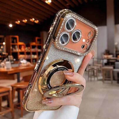 奢华粉色闪亮水钻支架手机壳，亮片相机水钻指环支架，渐变闪光电镀手机壳，兼容 17 Pro Max Air 16 15 14 13 12 11 Pro Max X XS Max 6S 7 8 Plus SE2 3，橙色银色粉色支架手机壳，适合女孩和女士，春季生日礼物
