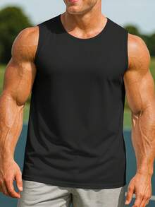 Men Solid Color Sleeveless Gym Tank Top Muscle Fit Workout Fitness Vest - Black - View 2