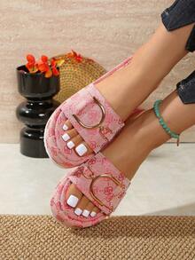 صنادل شريحة بكعب سميك للنساء موضة صيف 2024، شبشب شاطئ - وردي فاتح - مشاهدة 9