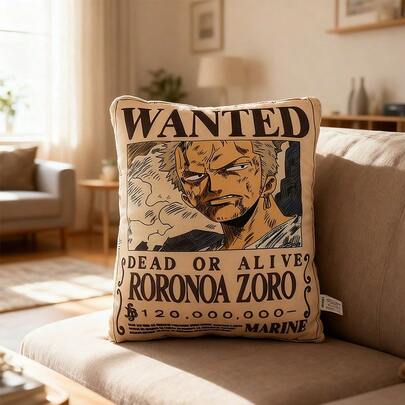 Miniso One Piece Classic Character 16-Inch Pillow, Cartoon Anime Characters Zoro,Wanted Poster Design, Polyester Material, Home Leisure Cushion, Anime-Themed Decoration, Soft Waist Support(1 PC)