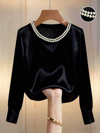 Women's Crew Neck Long Sleeve Solid Color Lightweight Satin Top For Spring And Autumn,Women's Elegant Round Neck Pearl Embellished Long Sleeve T-Shirt, Suitable For Commuting