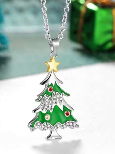 1pc Elegant Star Christmas Tree Pendant Necklace, Cubic Zirconia Inlaid - Green Alloy Material, Holiday Decor, Suitable For Daily Wear And Party, Sparkling Gift All Year Round