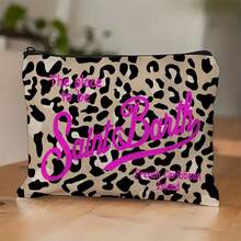 1pc Saint Barth Leopard Print Makeup Bag - Stylish Pink & Black Cosmetic Organizer With "The Place To Be Saint Barth" Design, Portable Travel Toiletry Storage For Beauty & Skincare, Perfect For Vacation, Fitness, Camping, And Outdoor Use - 1 cái - Xem 3