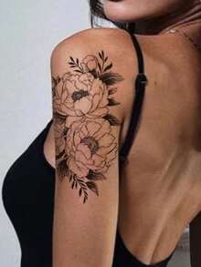 1 pieza Pegatina de tatuaje temporal con diseño de flor, pegatina de tatuaje de papel, tatuaje falso de arte corporal multiusos, adecuado para tus brazos, pecho, abdomen y espalda – , fácil de aplicar y quitar - Negro - Ver 4