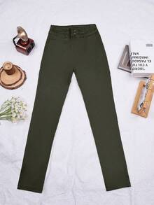 Minimalist Solid Color PU Coated High Waist Skinny Leather Pants - Green - View 6