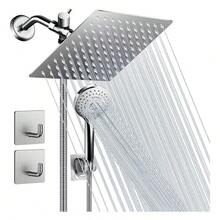 高压豪华不锈钢淋浴套装——配备超大雨淋式花洒、可调节伸缩臂和五档可调手持花洒，以及一根长软管。强劲的水流可洗去疲劳，焕发精神，提升您的沐浴体验。这款实用贴心的家居礼品，是家庭浴室、酒店套房和工业卫生间的理想之选！