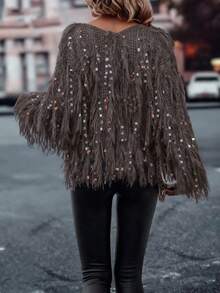 宽松版型女士秋冬奢华流苏亮片针织衫 - 超V领派对上衣 | 优雅欧式晚装度假装 - 巧克力棕 - 查看 4