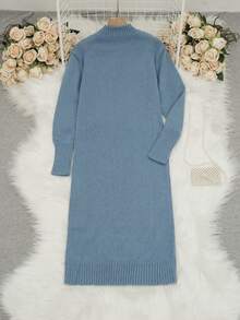 秋冬新款女士纯色长袖超长毛衣连衣裙