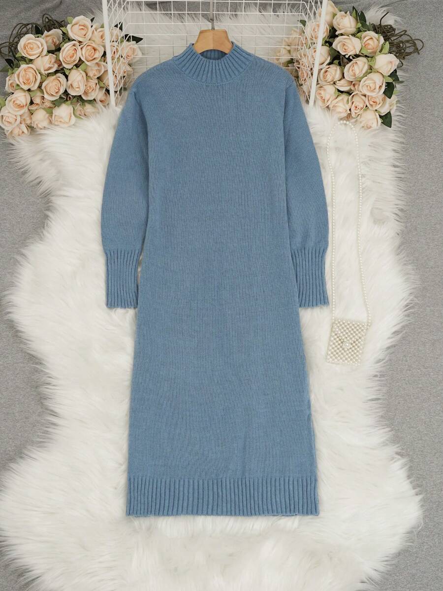秋冬新款女士纯色长袖超长毛衣连衣裙