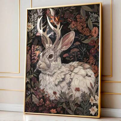 1pc Frameless Jackalope Art Print, Dark Academic Animal Poster, Magical Forest Hare Painting, Fantasy Gothic Aesthetic Wall Decor, Suitable For Living Room, Bedroom, Dorm, Birthday Gift, Fun Poster, Bedroom Room Decoration
