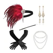 20 世纪 20 年代复古羽毛发饰套装，晚会服装道具，包括头带、项链、耳环、手套、棍棒