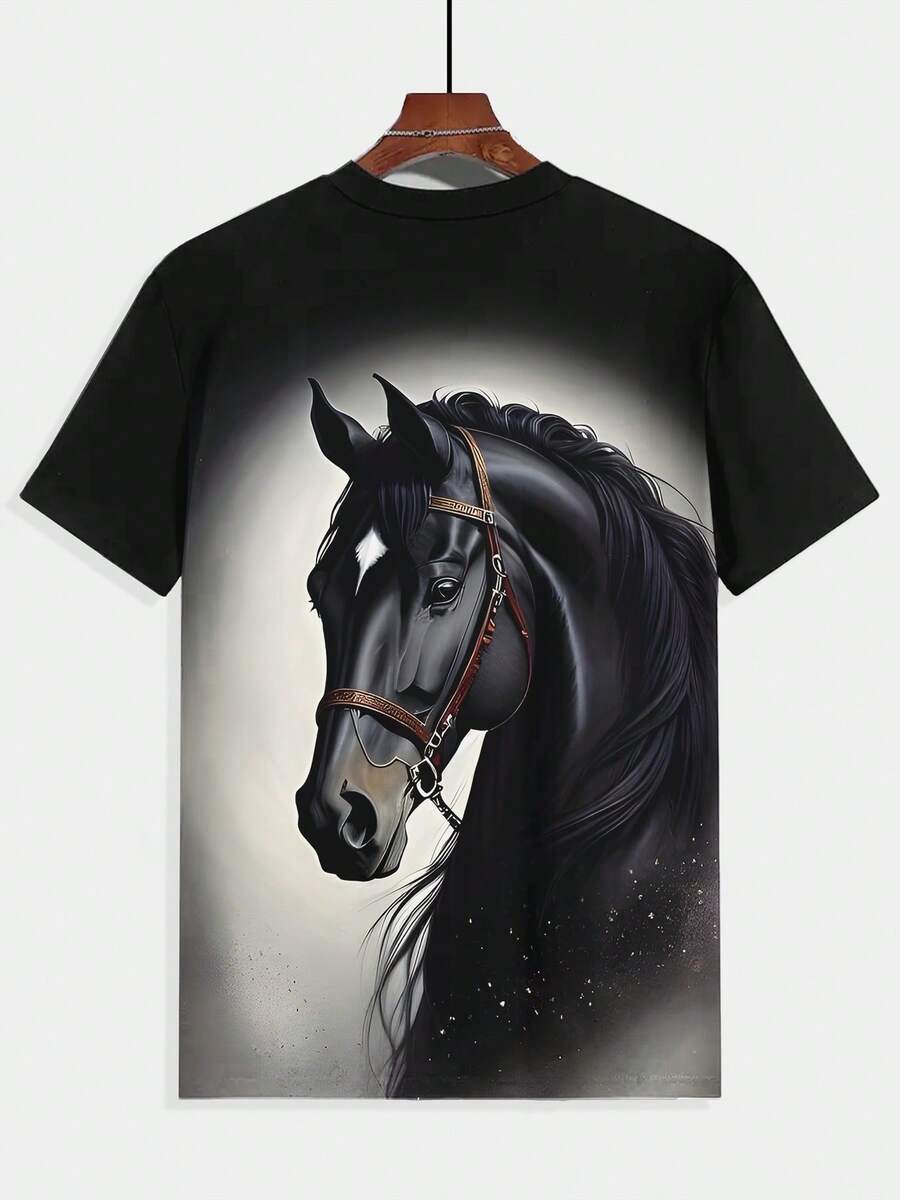 Men'S Black Horse Graphic T-Shirt - 3D Print Design, Casual Summer Tee With Elegant Horse Illustration, Perfect Gift For Horse Lovers, Casual Summer Wear | Elegant Horse Design | Comfortable Fit, Horse Tshirt - 彩色 - 查看 1