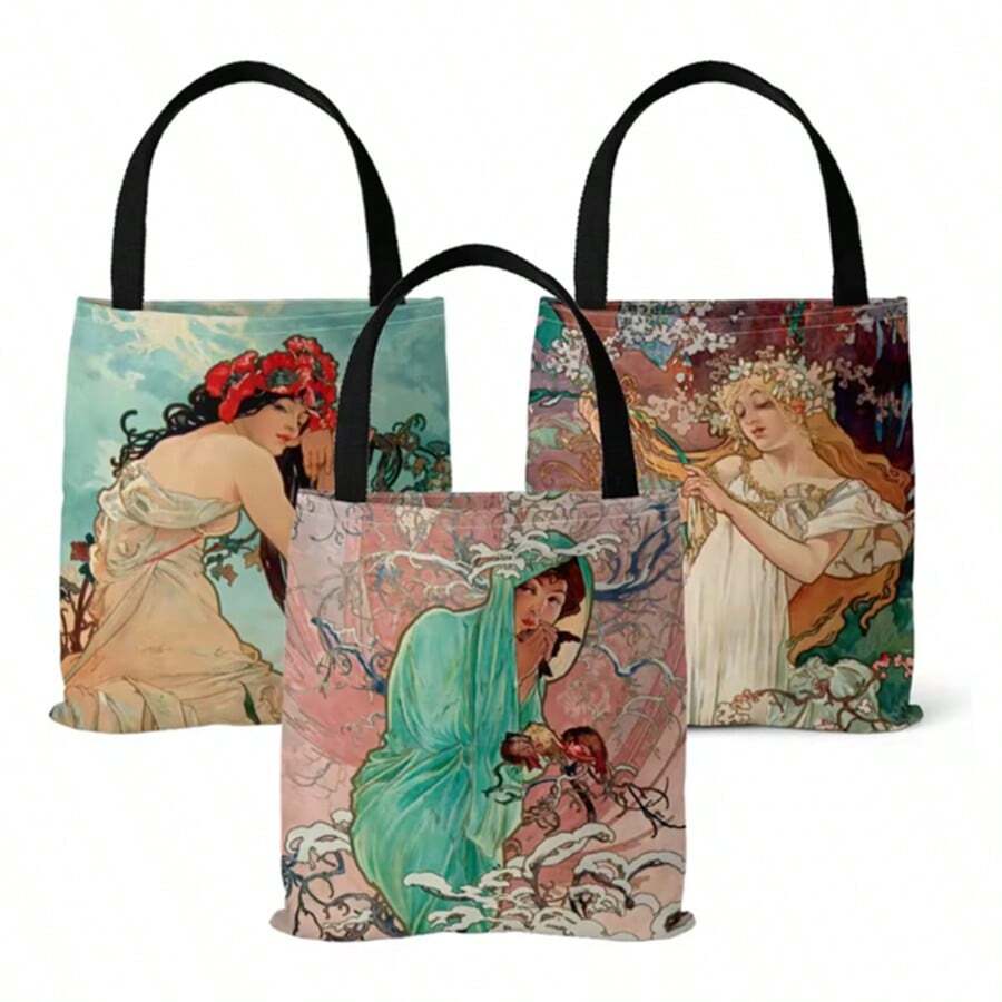Musa Four Seasons Series Canvas Bag Spring, Summer, Autumn And Winter Quadruple Painting Tote Bag, Retro Canvas Shopping Bag - Multicolor - View 1