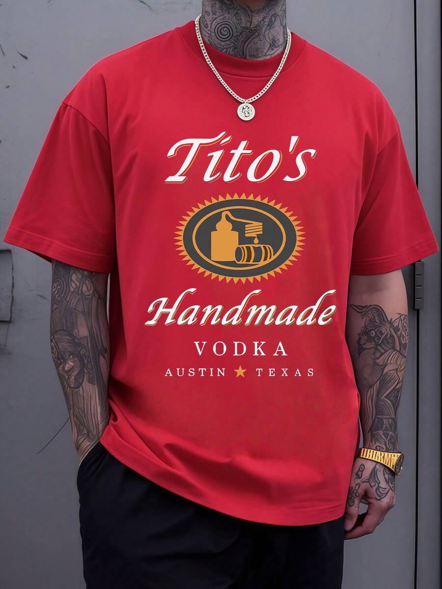 Oval Emblem Displaying A Distilling Apparatus And A Barrel With The Text Tito's Handmade Vodka Austin Texas Mens T Shirt Size Plus 100% Cotton - Red - View 1
