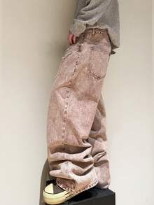 1 chiếc quần jeans ống rộng thêu họa tiết phong cách đường phố Mỹ dành cho nam, rộng rãi và thoải mái, quần denim phù hợp mọi mùa (Không bao gồm thắt lưng và phụ kiện) - Đỏ - Xem 8