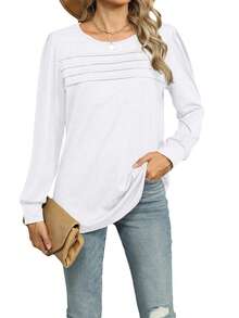 Long Sleeve Shirts For Women Fall Fashion Dressy Casual Blouses Pleated Tunic Tops For Leggings - 白色 - 查看 1