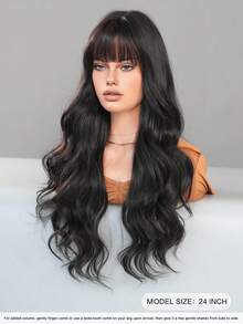 7JHH WIGS High Quality 24-Inch Long Body Wave Natural Black Wigs For Women Fashion Synthetic Wavy Curly Wig With Bangs, Heat-Resistant Fiber Full Machine Fake Hair, Beginners Glueless Costume Wigs For Daily Party Wear, Music Festivals Cosplay Use - 自然黑 - 查看 4
