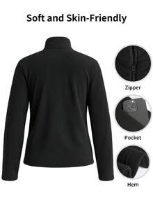 Women's Autumn/Winter Sports Jacket, Slim Fit Long Sleeve Top, Soft & Comfortable Sherpa Collar Zip-Up, Suitable For Gym, Running, Commuting And Casual Daily Wear - Black - View 3