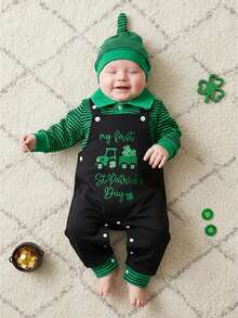 Newborn Baby Boys St. Patrick's Day Outfit Long Sleeve Lapel Striped Romper Letter Clover Embroidery Suspender Pants Hat 2Pcs Irish Day Sets - màu xanh lá - Xem 1