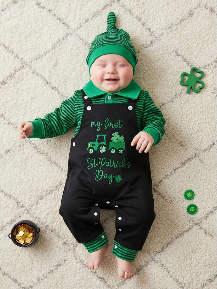 Newborn Baby Boys St. Patrick's Day Outfit Long Sleeve Lapel Striped Romper Letter Clover Embroidery Suspender Pants Hat 2Pcs Irish Day Sets - màu xanh lá - Xem 1