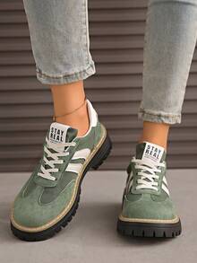 女士新款复古休闲系带乐福鞋，休闲拼接运动鞋，厚底防滑增高运动鞋，休闲低帮运动鞋 - 綠色 - 查看 5