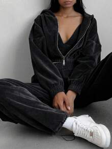 2pcs Women's Velvet Tracksuit Set, With Hooded Zip-Up Crop Top And Comfortable Stretchy Sweatpants, Suitable For Casual Wear Black Spring - Black - View 4