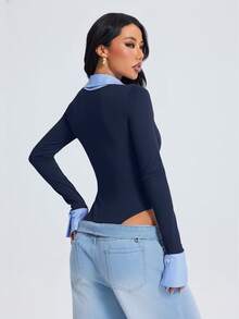 Women's Fashionable Elegant Sexy 2 In 1 Bodysuit, Blue Striped Lapel V-Neck Fitted Long Sleeve T-Shirt, Women's Bodysuit New Arrival For Autumn/Winter, Spring Fashion Outfit, Suitable For Holiday Gift, Party, Birthday, Mother's Day - Royal Blue - View 4