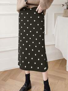 French Elegant Style Casual Women's Vintage Polka Dot Knit Skirt, Slimming Draping Bodycon Sweater Dress For Autumn/Winter, Suitable For Christmas, New Year, Commuting, Dating - Coffee Base With White Spots - View 2