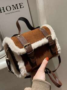 1pc Fashion Women's Flap Small Crossbody Bag, Chic Furry Edge Handbag, Shoulder Messenger Bag, Versatile For Commuting - Brown - View 7