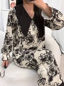 Bộ đồ ngủ nữ 2 món, áo dài tay và quần, thích hợp cho mùa xuân/thu, áo khoác cardigan cổ chữ V in hình bướm và nhuộm tie-dye, bộ đồ mặc nhà thời trang. - Đen và trắng - Xem 6