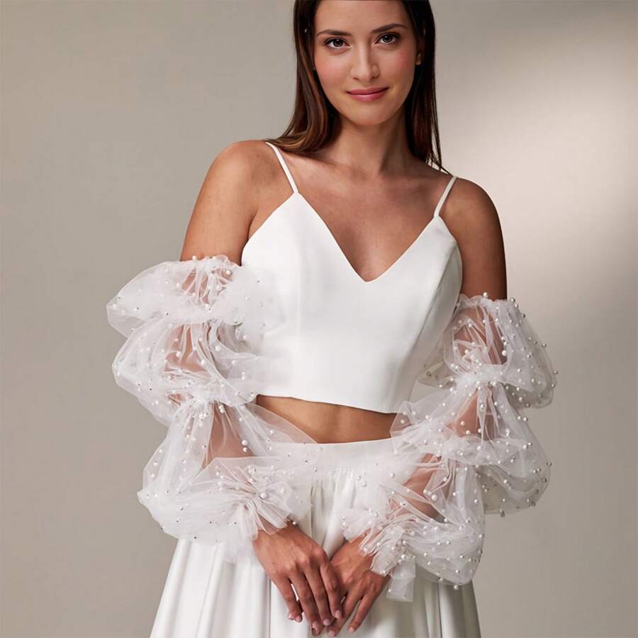 1 Pair Handmade Beaded Puff Sleeve Elastic Cuff 3-Layer Bridal Faux Pearl Sleeve Cuffs Valentine's Day Accessories - Multicolor - View 1