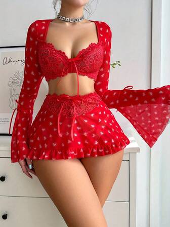Sexy Women's Underwear, Romantic Heart-Shaped Patchwork Winter Tie, Soft And Comfortable Party Style, Suitable For Any Occasion Such As Home, Festival, Party, Romantic
