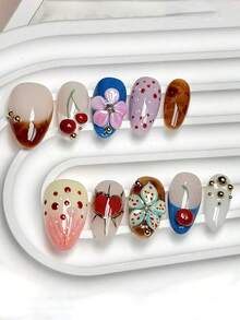 10片装 Y2K 时尚圆点、荆棘爱心、扎染、3D 立体樱桃、珍珠、水滴美甲装饰贴片，手工按压式美甲贴片 - 彩色 - 查看 1
