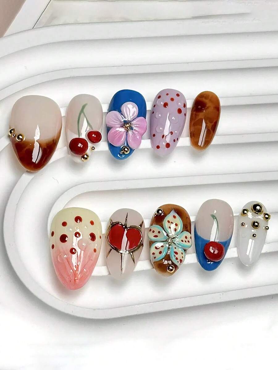 10片装 Y2K 时尚圆点、荆棘爱心、扎染、3D 立体樱桃、珍珠、水滴美甲装饰贴片，手工按压式美甲贴片 - 彩色 - 查看 1