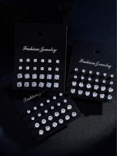 72/24/12pcs Fashion Minimalist Cubic Zirconia Heart, Round, Square 3-In-1 Unisex Stud Earrings Set, Sparkling Transparent Earrings For Men And Women, Suitable As Gifts For Boyfriend, Girlfriend, Graduation, Friends