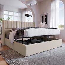 Storage Bed, Upholstered Bed, 140x200cm Hydraulic Double Bed, Wooden Slatted Base, Bed With Metal Slatted Base, Linen, Beige - Beige - View 3