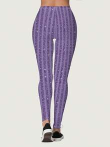 Women'S Glittery Purple Striped Leggings - Ultra-Soft Stretchy Jeggings With Sparkling Detail, High-Waisted Casual Pants For Spring Summer Fall, Comfortable Everyday Wear, High Waisted Leggings, Seasonal Fashion, Comfortable Fit - style - 查看 3