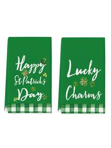 2 Pcs St. Patrick's Day Kitchen Towels Clover Bathroom Towels Watercolor Heart Green Polka Dot Checkered Tea Towels Home Kitchen Holiday Decorations - Green - View 8