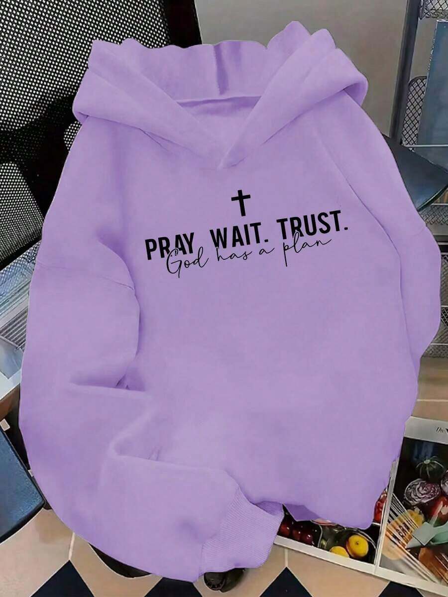 Fall Clothes For Women1PCS 2025 New Fleece Hooded Sweatshirt, Y2K Style, "Pray, Wait, Trust, God Has A Plan", Women's Winter Clothing, Women's Casual Fit, Autumn And Winter Comfortable Printed Sweatshirt, S-XXL Available, Comfortable Fabric, Machine Washable, Loose Fit, Daily Wear-Premium Cotton Graphic Printed Round Neck T-Shirts-365TLoose And Comfortablechristmas>Clothes - Violet - 查看 1