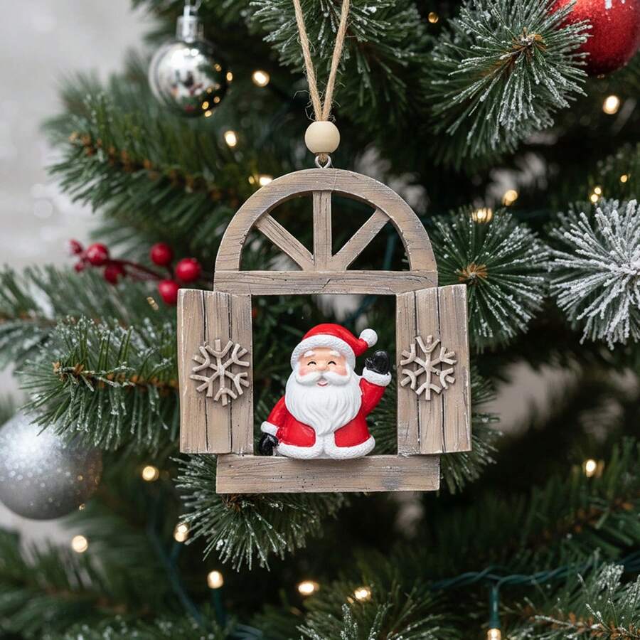 Adorno navideño con forma de ventana, diseño creativo de reno, muñeco de nieve y Papá Noel, para colgar en el árbol. - vistoso - Ver 1