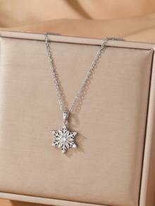 1件时尚高端百搭立方氧化锆镶嵌简约雪花吊坠项链，优雅女士项链装饰礼品，精致吊坠项链，铜质女士吊坠项链，特别适合圣诞节 - 銀色 - 查看 10