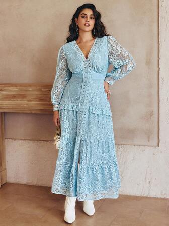 Plus Size Women's Spring/Summer New Elegant Lace Button Decor Floral Patchwork Maxi Dress, Suitable For Wedding Guest, Birthday Party, Formal Party
