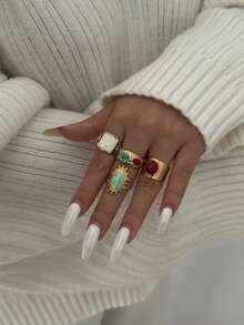 一套港式复古宝石开口戒指套装，适合女性，派对礼物 - 彩色 - 查看 5